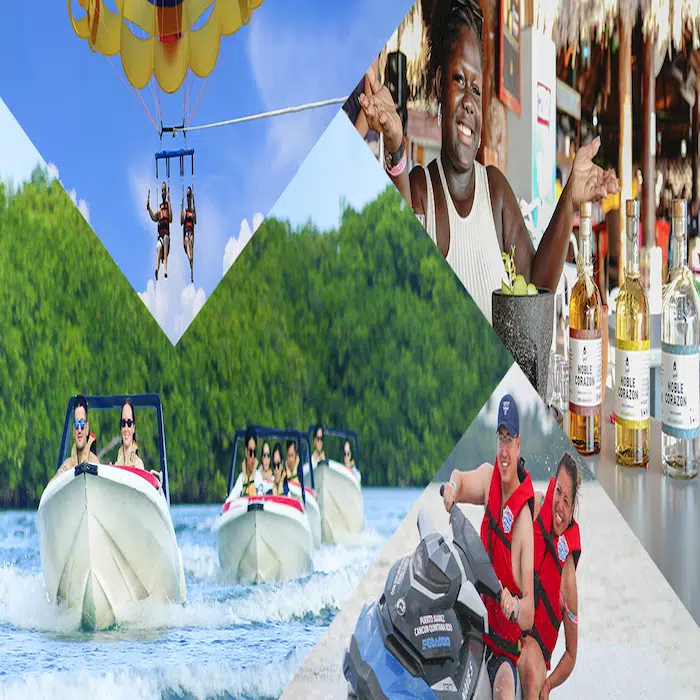 A collage showcasing the best Cancun activity packages: happy guests enjoying a tequila tasting, riding speedboats, parasailing over the hotel zone, and driving jet skis.