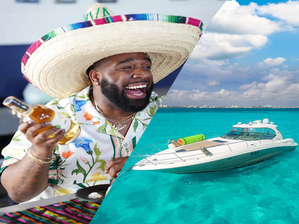A happy guy enjoyed a combination of tequila tasting and a yacht tour through the Bay of Cancun.