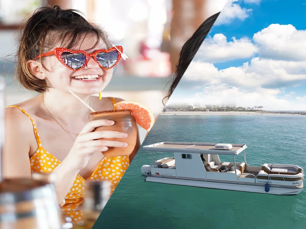 A happy couple is enjoying a combination of tequila tasting and a boat ride in Cancun.