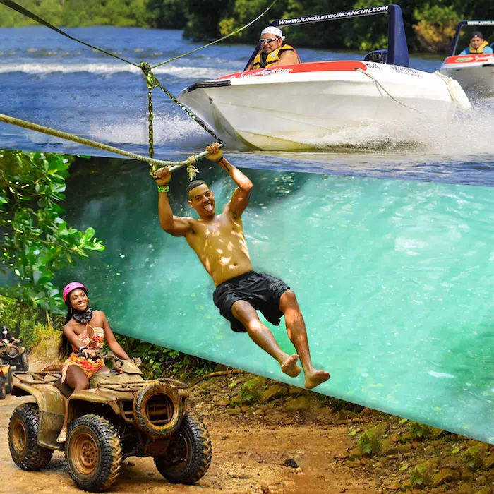 Tourists enjoying a Speedboat Jungle Tour, ATV rides, ziplines, and a cenote swim in Cancun.