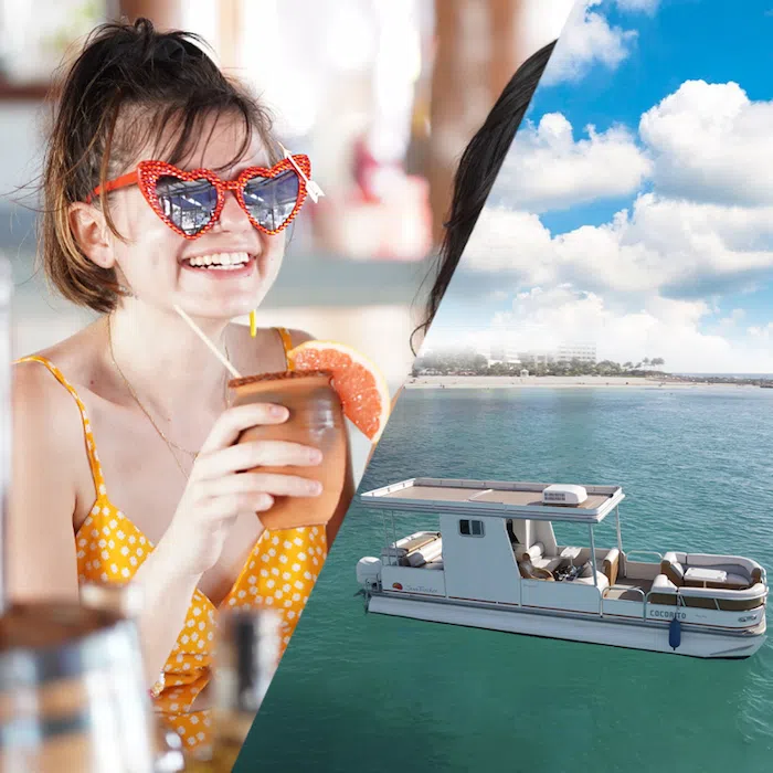 Combo tour image showing a happy guest with a tequila cocktail and a private pontoon boat cruising the Cancun lagoon after a tequila tasting experience.